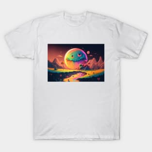 Spooky Smiling Moon Mountainscape - Psychedelic Landscape - Paint Dripping 3D Illustration - Colorful Haunted Nature Scene T-Shirt